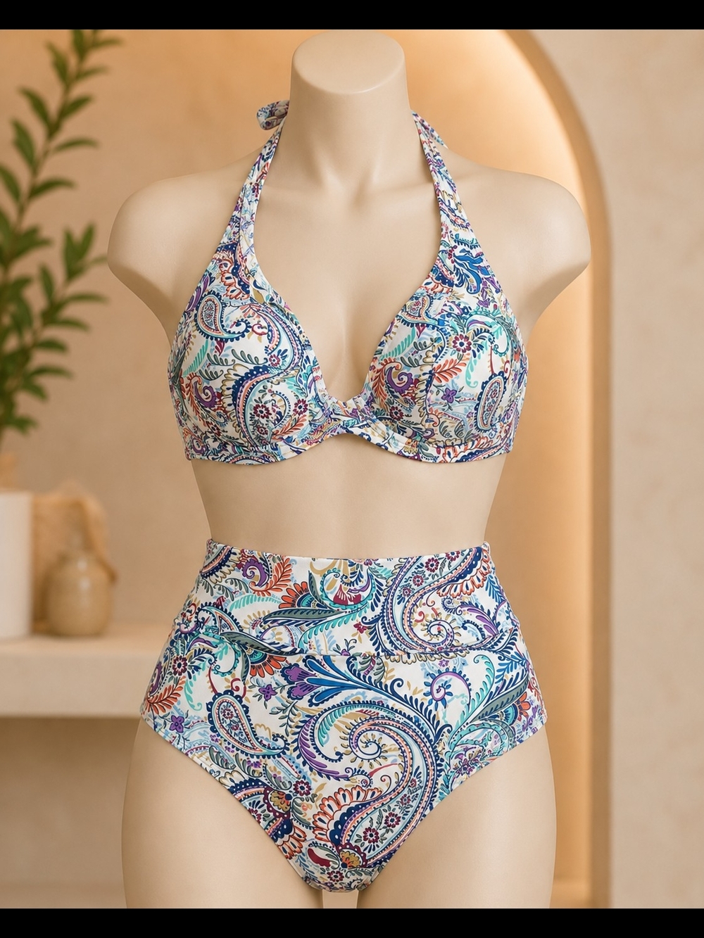 NWT Sunsets Paisley Halter Bikini Set 40DD High Waist Multicolor